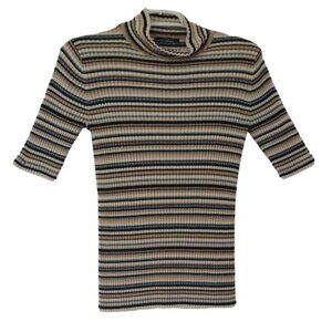 T TAHARI, Striped short-sleeved turtleneck pullover, made of rayon and nylon, S